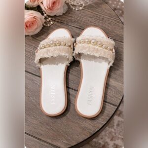 Women's Cream Pearl Embellished Slides, better fit for 7.5